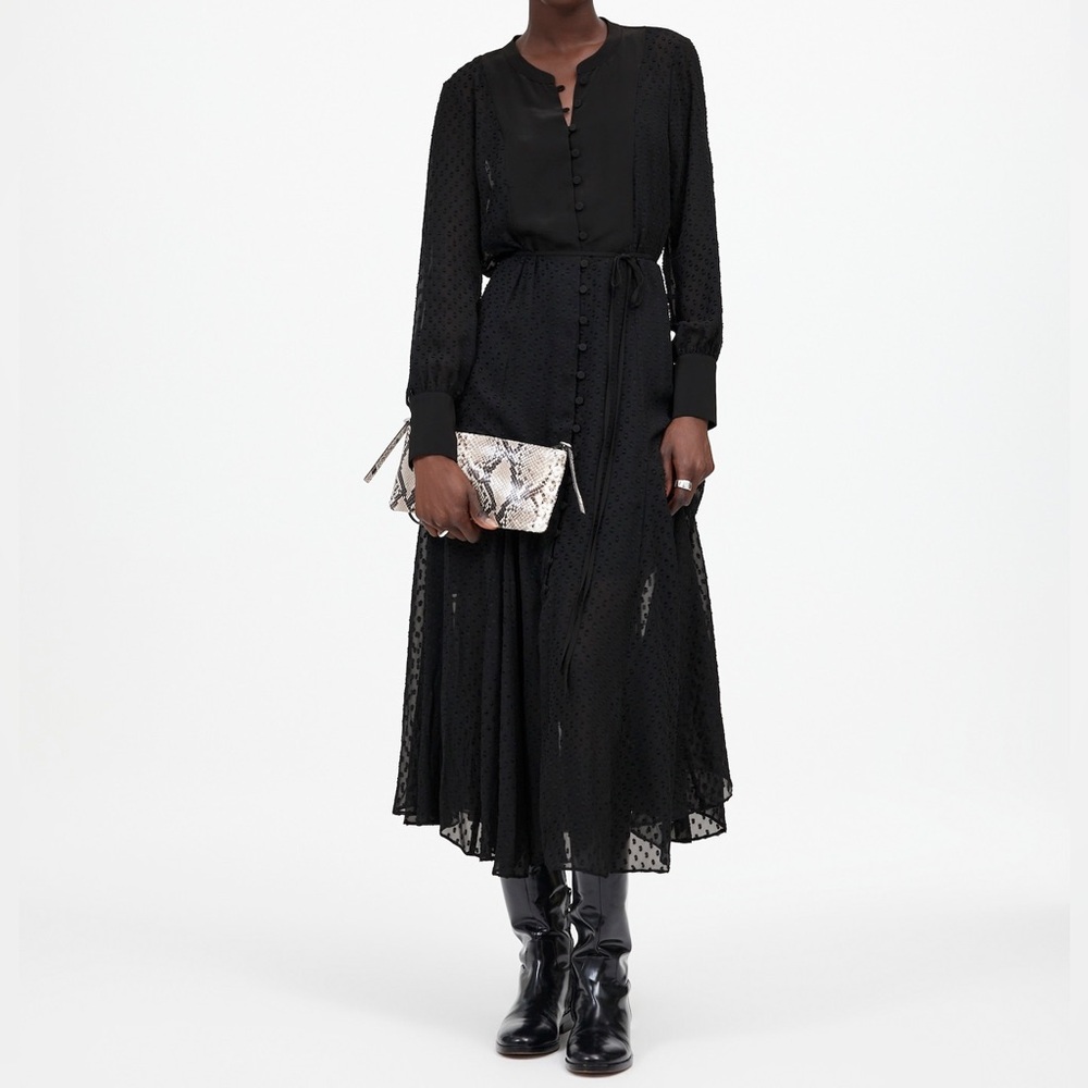 NWT Madewell Tie-Waist Midi Dress in‎ Clip Dot Black S ripped shoulder belt loop